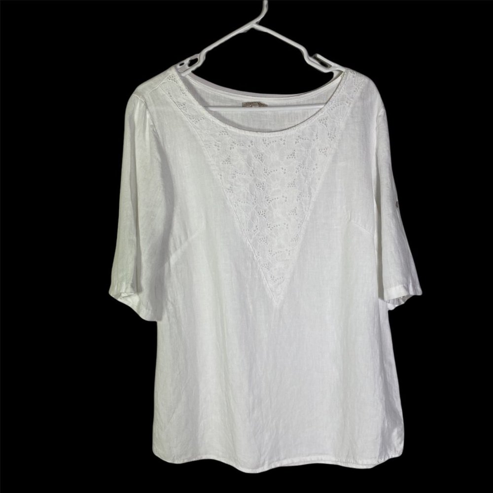 Lina Tomei White Eyelet Linen Tunic Top Blouse Roll Tab Sleeve Women's L